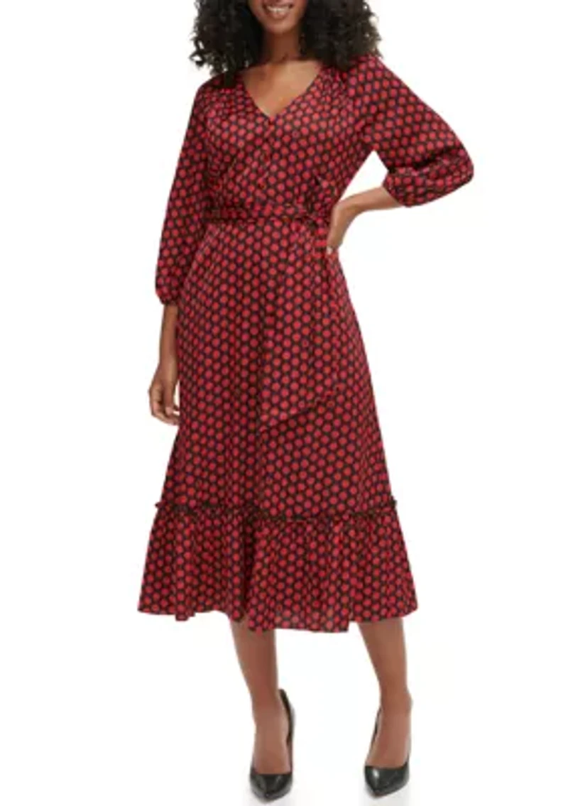 Women's 3/4 Sleeve V-Neck Dot Print Belted Midi Dress