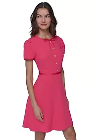 Women's Scuba Crepe A-Line Dress with Pearl Button and Bow Details