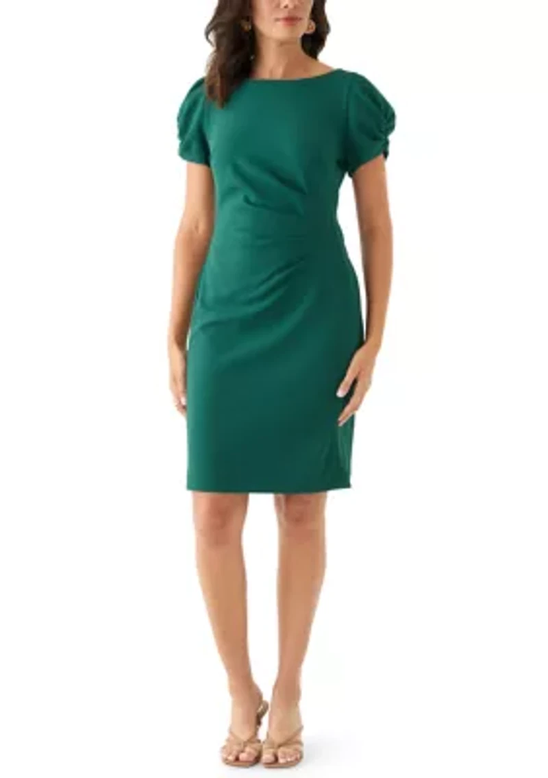 Women's Scuba Crepe Sheath with Puff Sleeves and Side Ruching