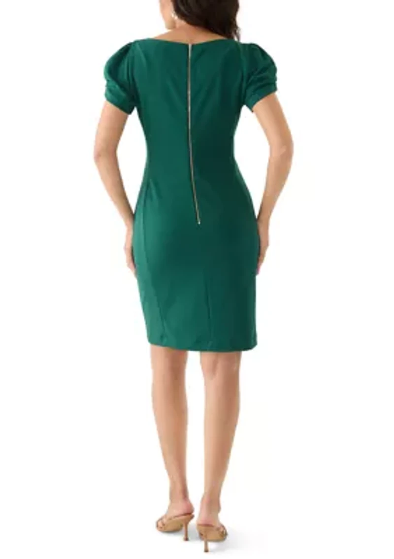 Women's Scuba Crepe Sheath with Puff Sleeves and Side Ruching