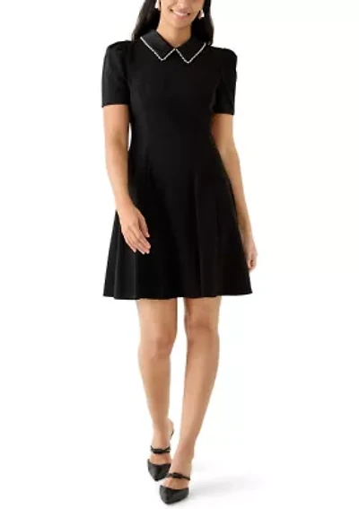 Women's Scuba Crepe A-Line Dress with Embellished Collar