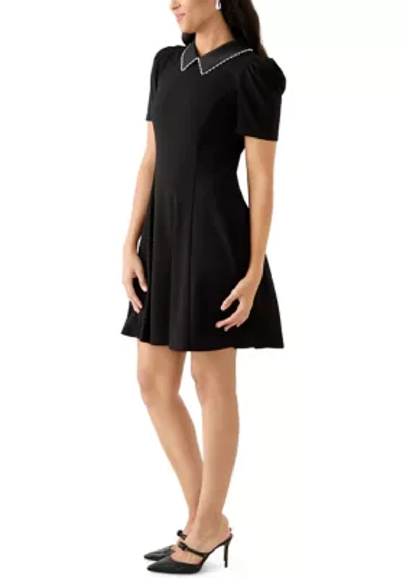 Women's Scuba Crepe A-Line Dress with Embellished Collar