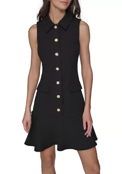 Women's Sleeveless Flower Button Front Mini Dress with Collar and Flounce Hem