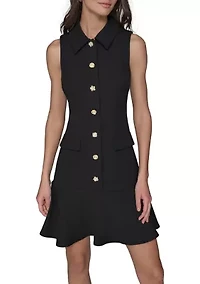 Women's Sleeveless Flower Button Front Mini Dress with Collar and Flounce Hem