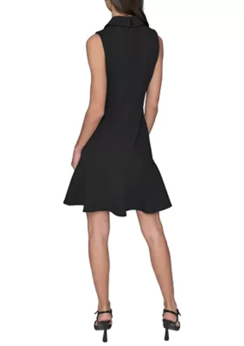 Women's Sleeveless Flower Button Front Mini Dress with Collar and Flounce Hem