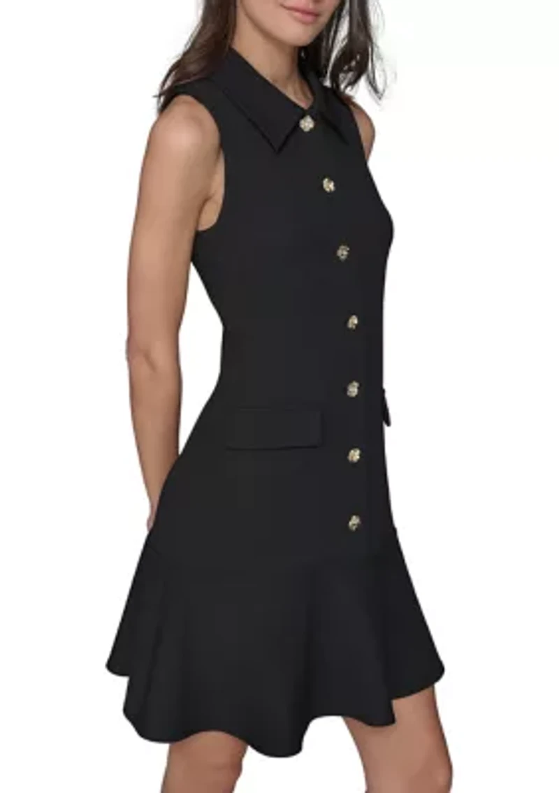 Women's Sleeveless Flower Button Front Mini Dress with Collar and Flounce Hem