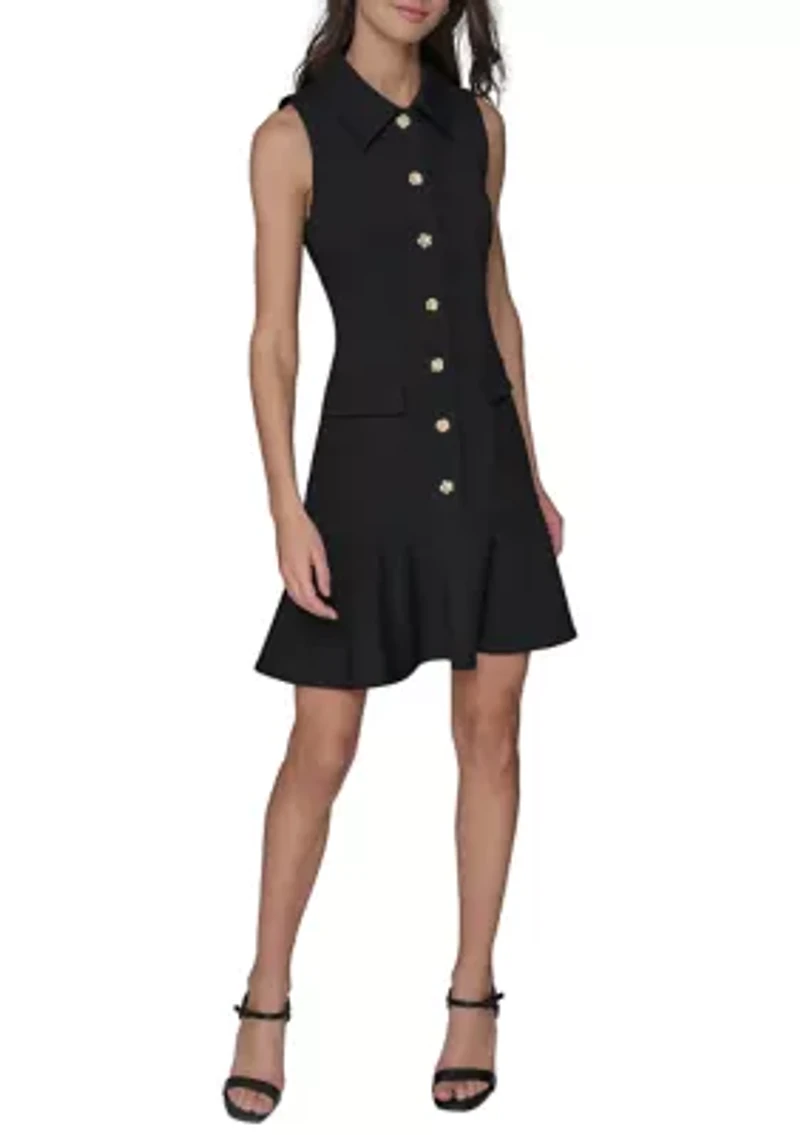 Women's Sleeveless Flower Button Front Mini Dress with Collar and Flounce Hem