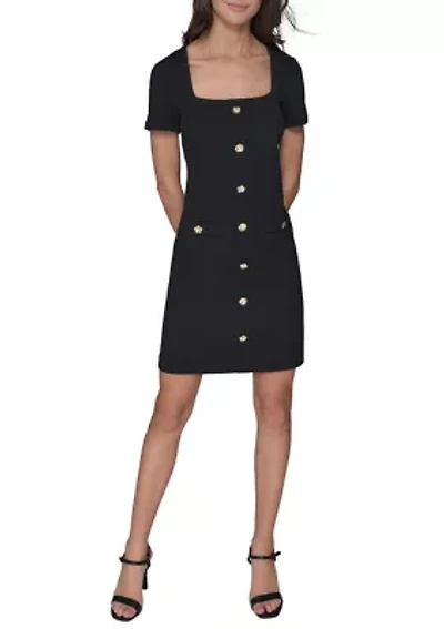 Women's Short Sleeve Scuba Crepe A-Line Dress with Floral Buttons