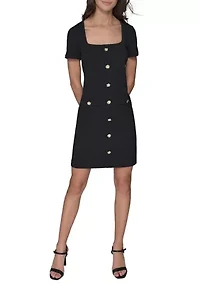 Women's Short Sleeve Scuba Crepe A-Line Dress with Floral Buttons