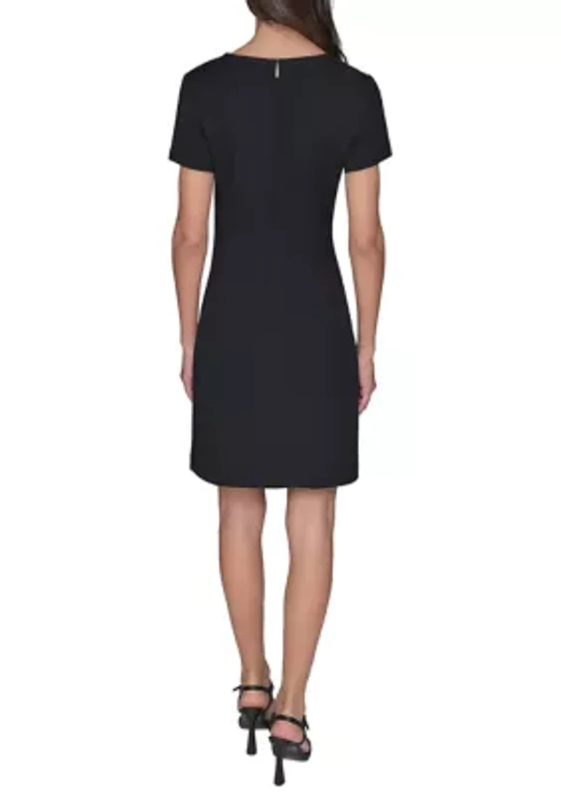 Women's Short Sleeve Scuba Crepe A-Line Dress with Floral Buttons