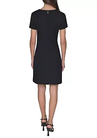 Women's Short Sleeve Scuba Crepe A-Line Dress with Floral Buttons