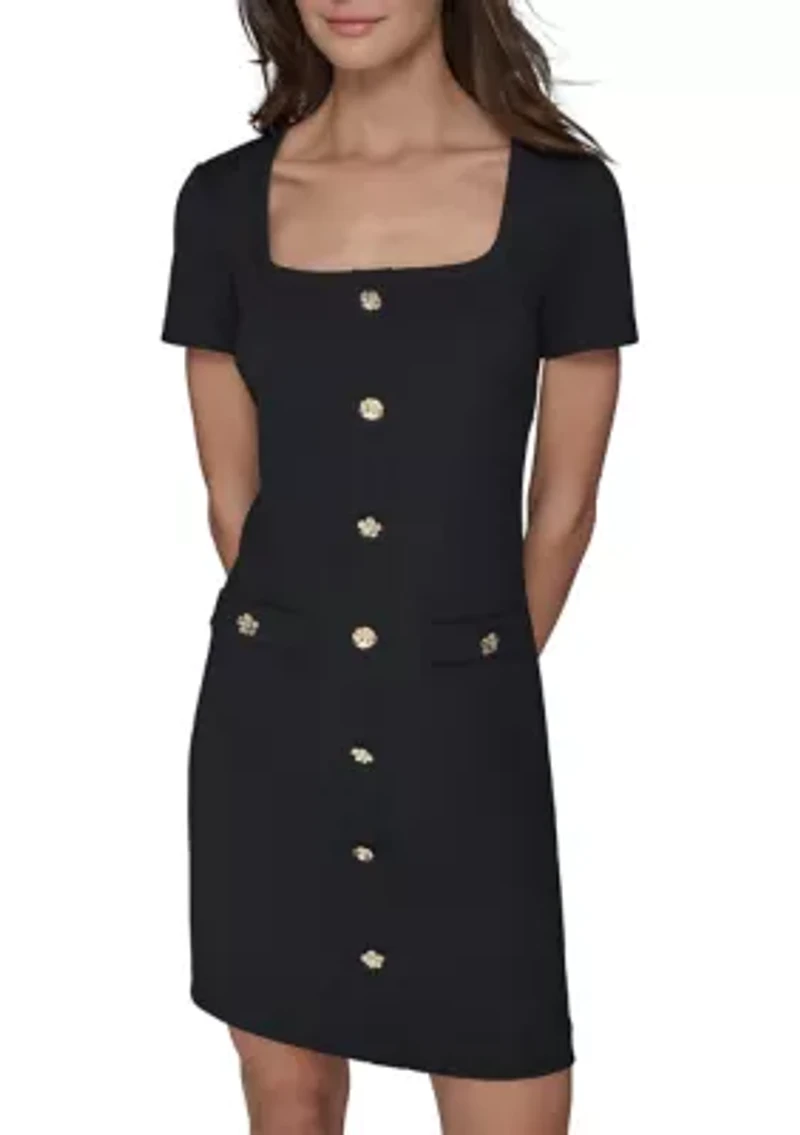 Women's Short Sleeve Scuba Crepe A-Line Dress with Floral Buttons