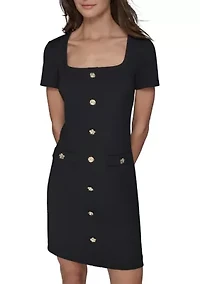Women's Short Sleeve Scuba Crepe A-Line Dress with Floral Buttons