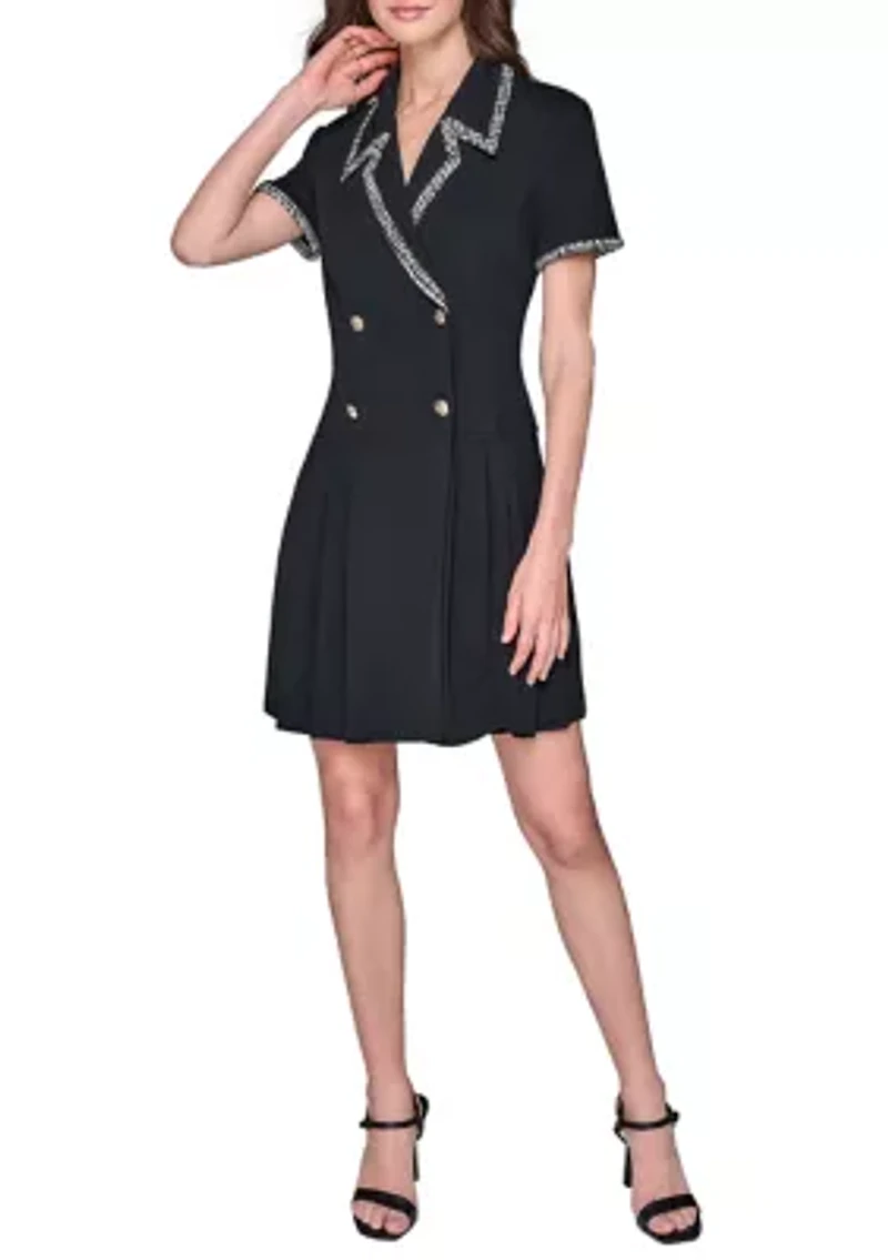 Women's Scuba Crepe Notch Collar Dress with Pleated Skirt