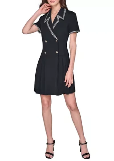 Women's Scuba Crepe Notch Collar Dress with Pleated Skirt