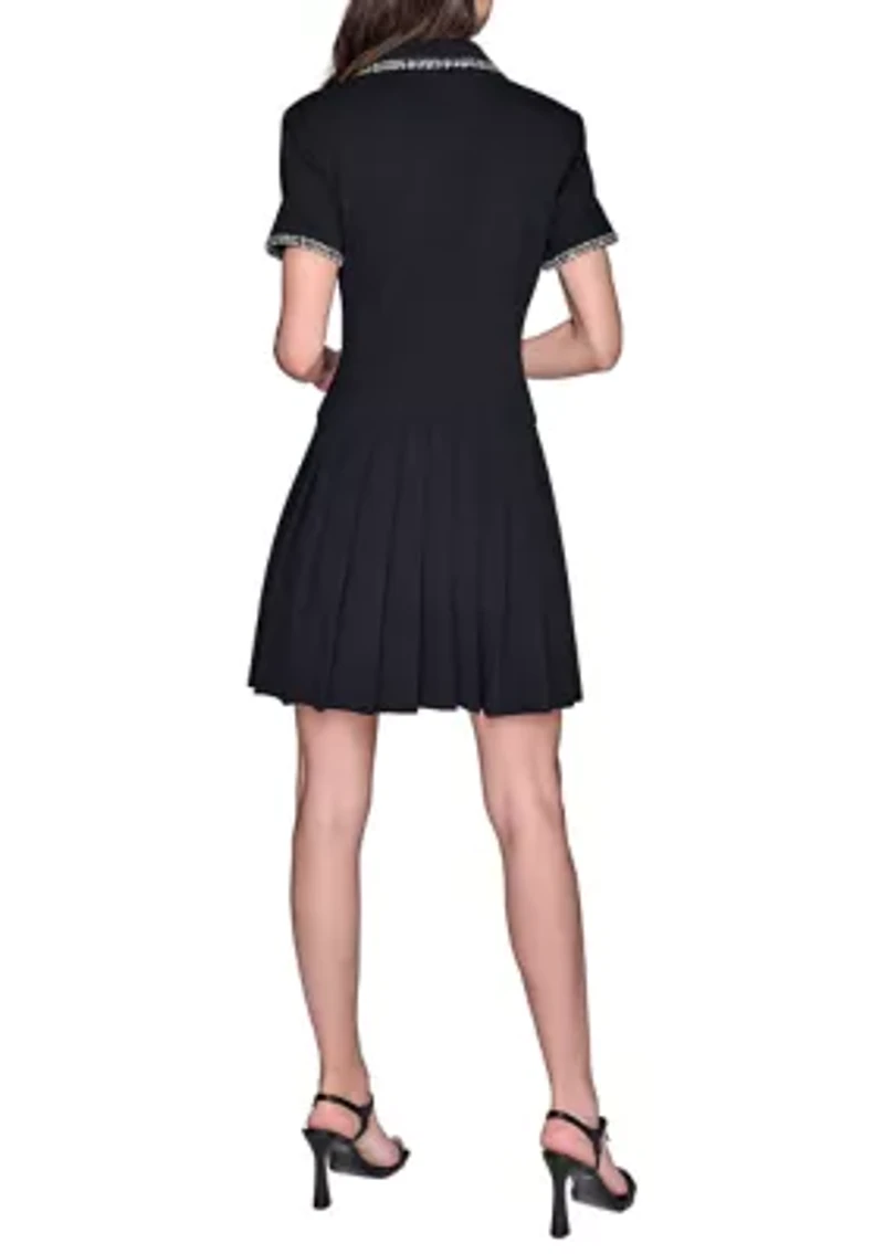 Women's Scuba Crepe Notch Collar Dress with Pleated Skirt