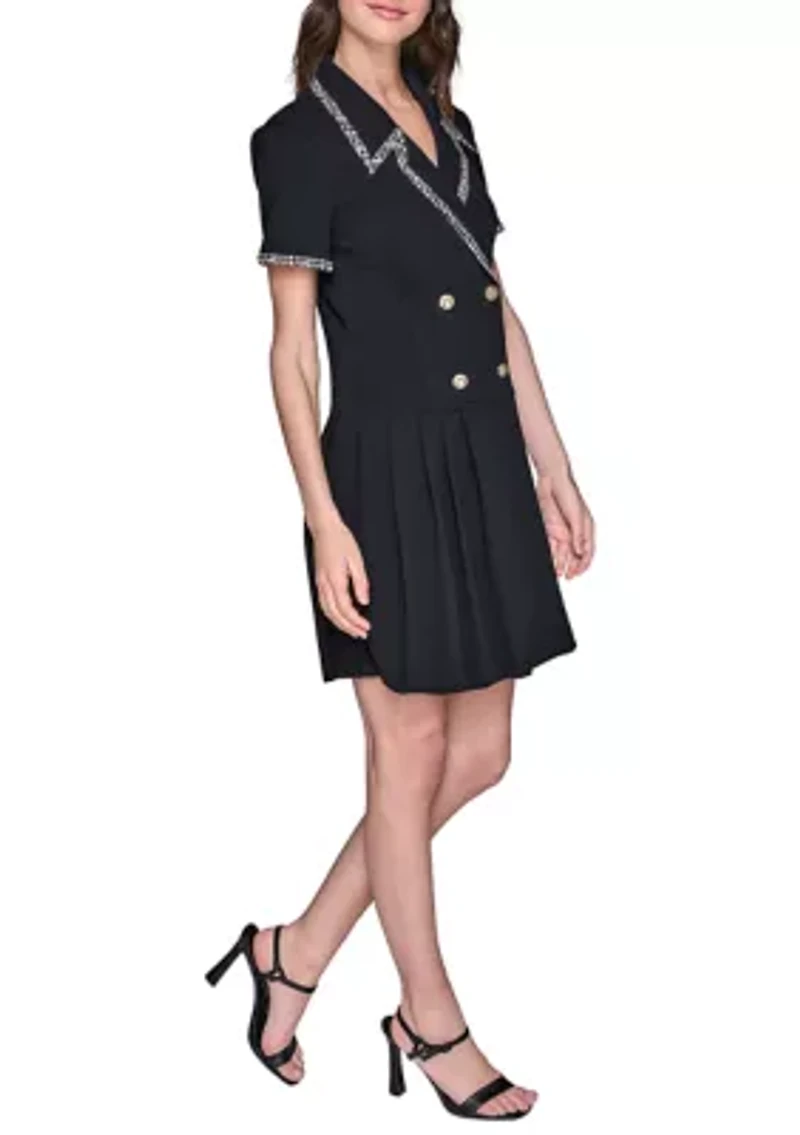 Women's Scuba Crepe Notch Collar Dress with Pleated Skirt