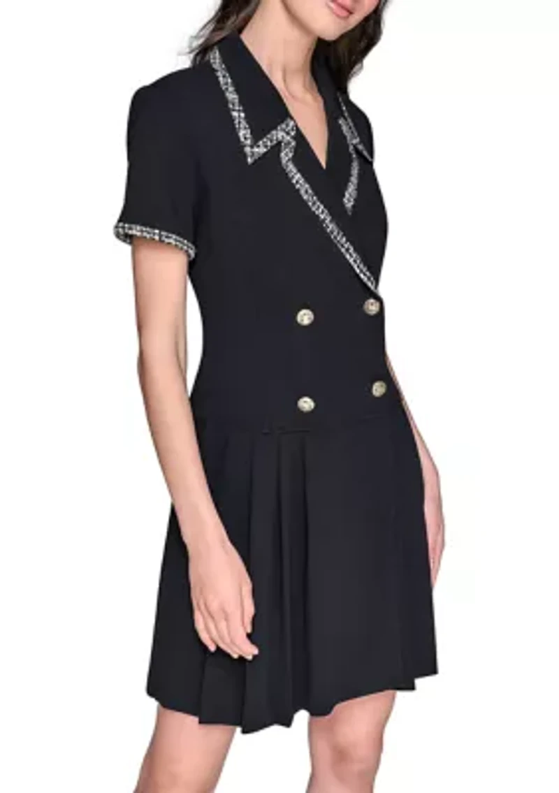 Women's Scuba Crepe Notch Collar Dress with Pleated Skirt