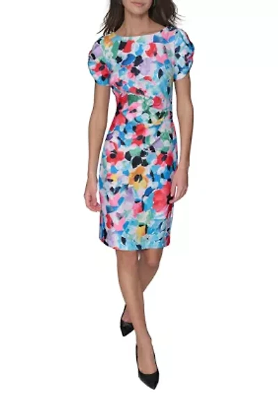 Women's Printed Scuba Sheath Dress with Puff Sleeves