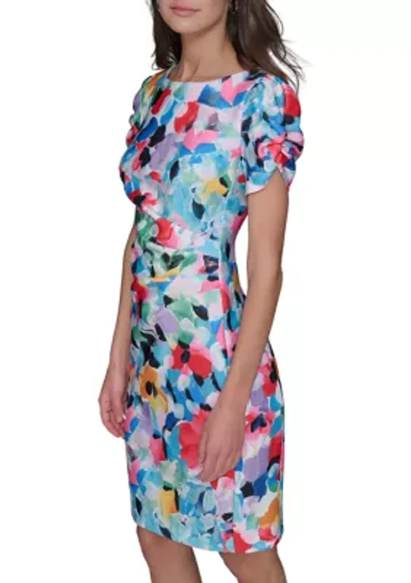Women's Printed Scuba Sheath Dress with Puff Sleeves