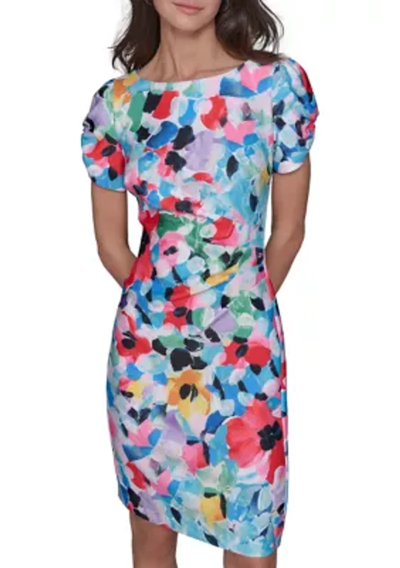 Women's Printed Scuba Sheath Dress with Puff Sleeves