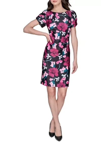 Women's Scuba Printed Puff Sleeve Sheath Dress