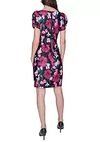 Women's Scuba Printed Puff Sleeve Sheath Dress