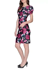 Women's Scuba Printed Puff Sleeve Sheath Dress