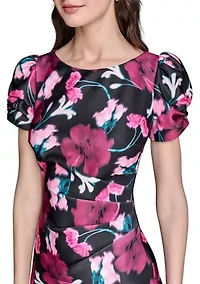 Women's Scuba Printed Puff Sleeve Sheath Dress