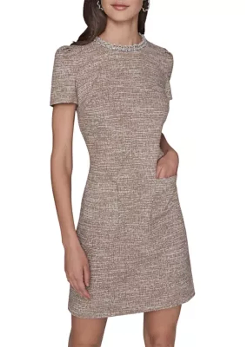Women's Knit Tweed Dress with Front Pockets and Embellished Neckline