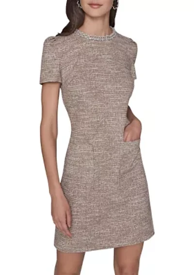 Women's Knit Tweed Dress with Front Pockets and Embellished Neckline