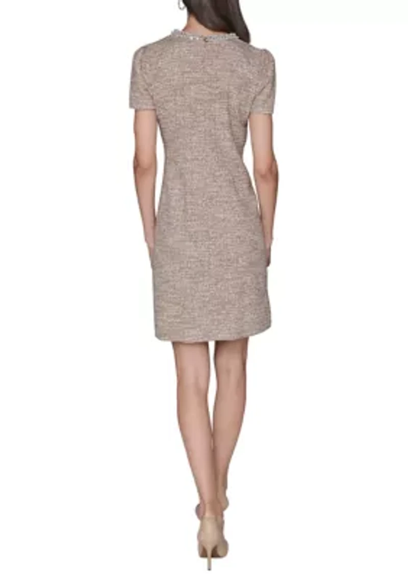 Women's Knit Tweed Dress with Front Pockets and Embellished Neckline