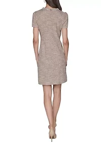 Women's Knit Tweed Dress with Front Pockets and Embellished Neckline
