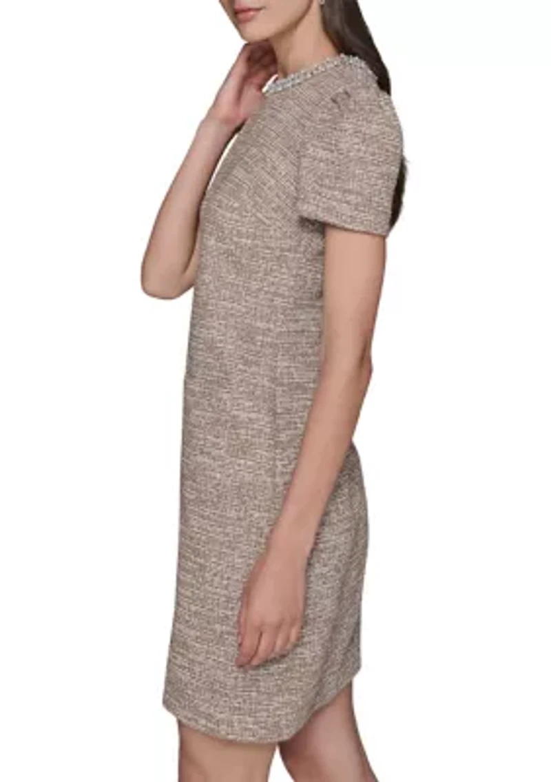 Women's Knit Tweed Dress with Front Pockets and Embellished Neckline