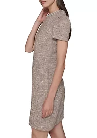 Women's Knit Tweed Dress with Front Pockets and Embellished Neckline