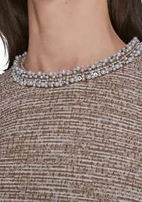 Women's Knit Tweed Dress with Front Pockets and Embellished Neckline