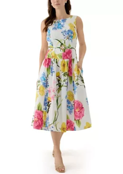 Women's Sleeveless Printed Cotton Floral Full Midi Skirt with Flower Belt