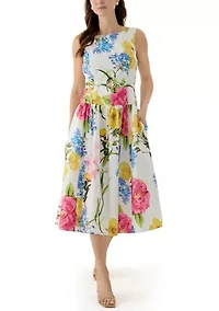 Women's Sleeveless Printed Cotton Floral Full Midi Skirt with Flower Belt
