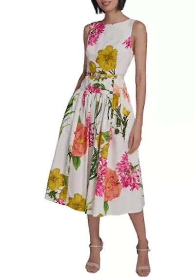 Women's Sleeveless Printed Cotton Floral Full Midi Skirt with Flower Belt