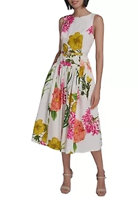 Women's Sleeveless Printed Cotton Floral Full Midi Skirt with Flower Belt