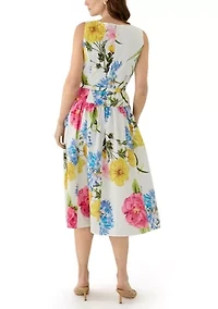 Women's Sleeveless Printed Cotton Floral Full Midi Skirt with Flower Belt