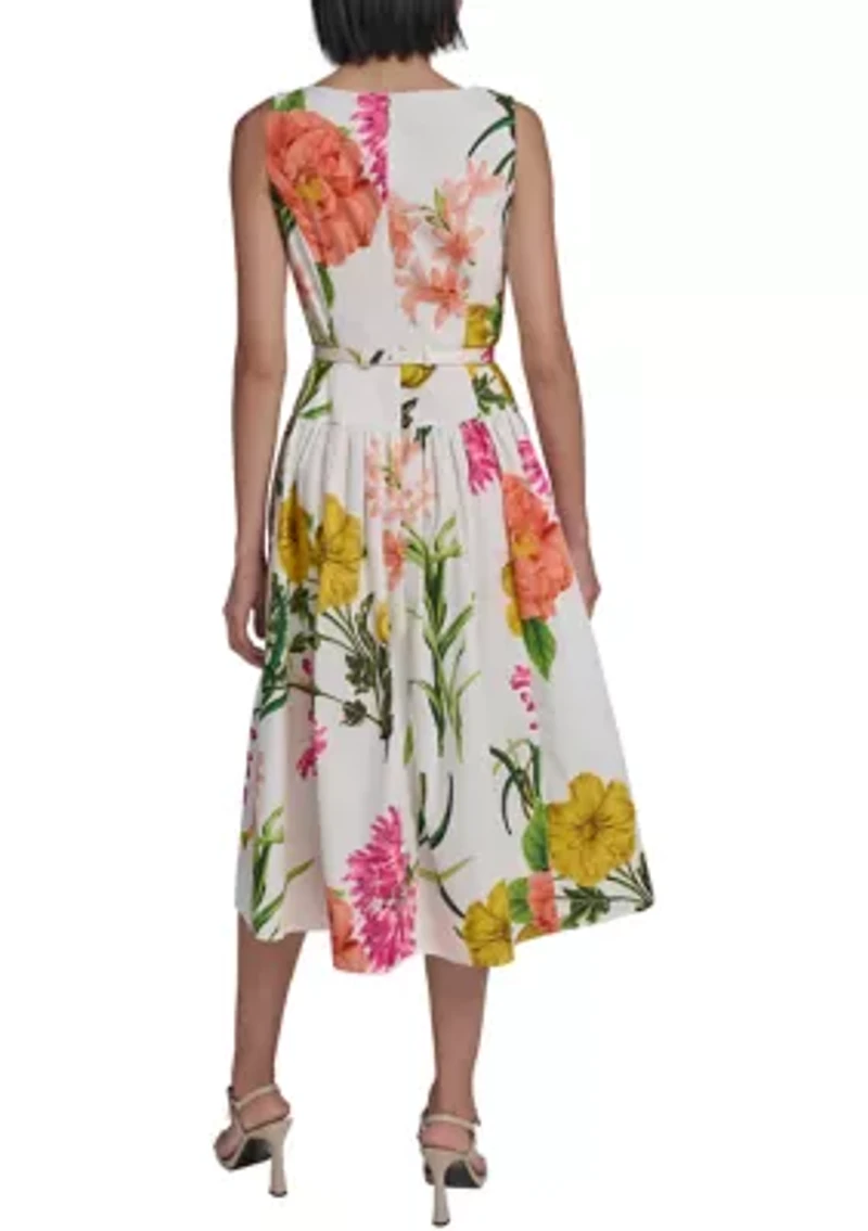 Women's Sleeveless Printed Cotton Floral Full Midi Skirt with Flower Belt