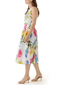 Women's Sleeveless Printed Cotton Floral Full Midi Skirt with Flower Belt
