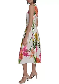 Women's Sleeveless Printed Cotton Floral Full Midi Skirt with Flower Belt