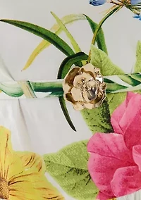 Women's Sleeveless Printed Cotton Floral Full Midi Skirt with Flower Belt