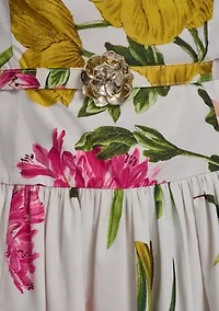 Women's Sleeveless Printed Cotton Floral Full Midi Skirt with Flower Belt