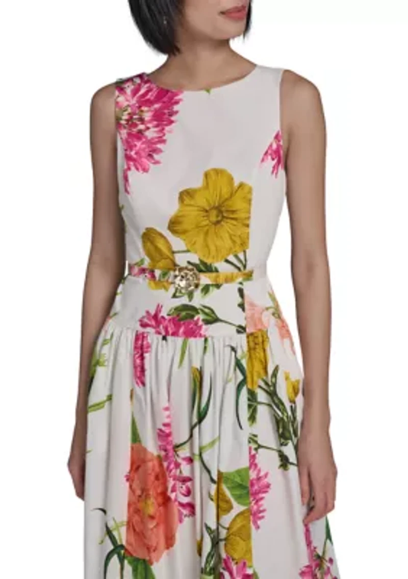 Women's Sleeveless Printed Cotton Floral Full Midi Skirt with Flower Belt