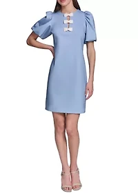 Women's Printed Ponte Sheath Dress with Pearl Bows
