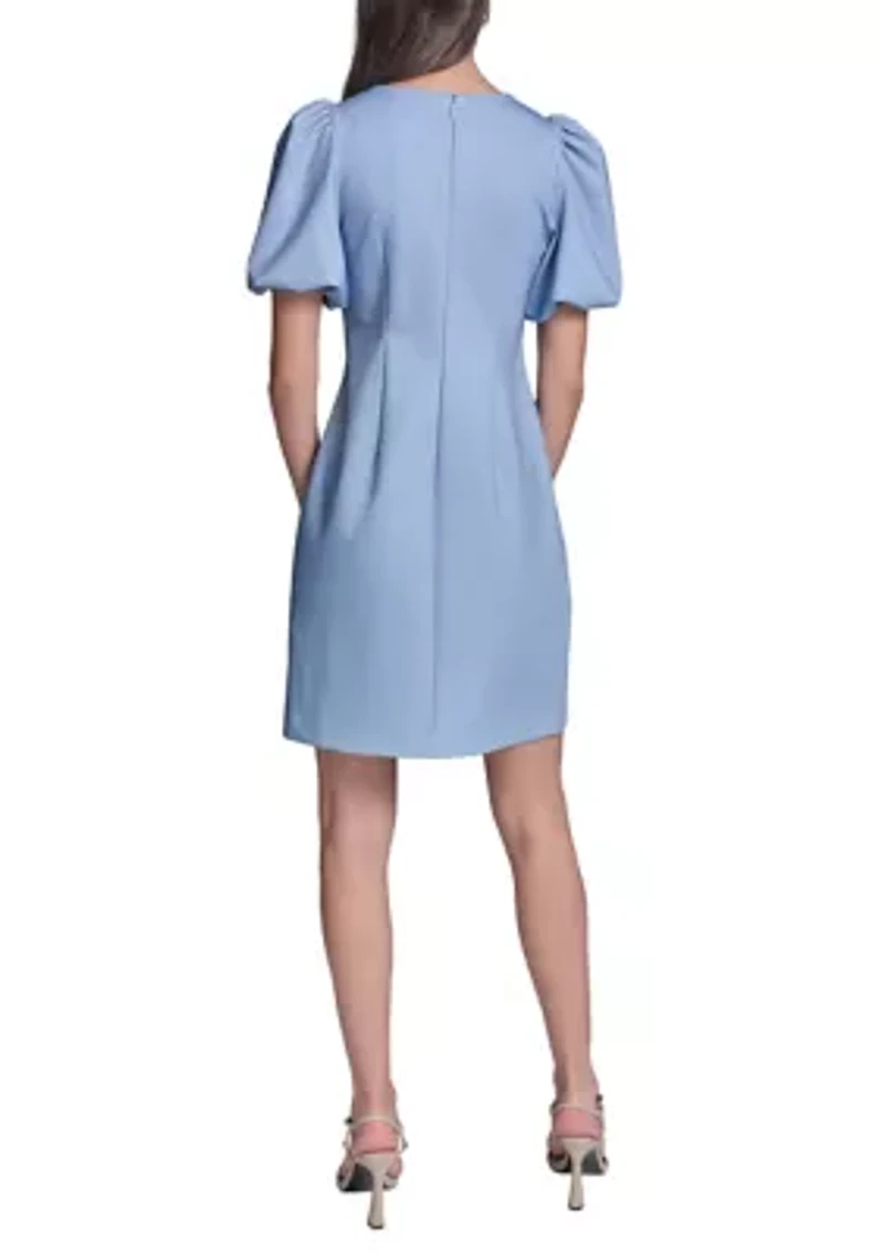 Women's Printed Ponte Sheath Dress with Pearl Bows