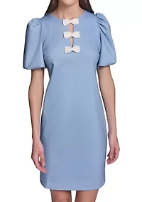 Women's Printed Ponte Sheath Dress with Pearl Bows